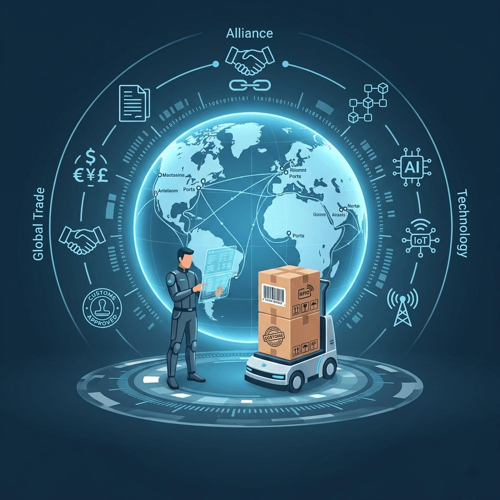 Overhead view of a shipping container terminal at sunset